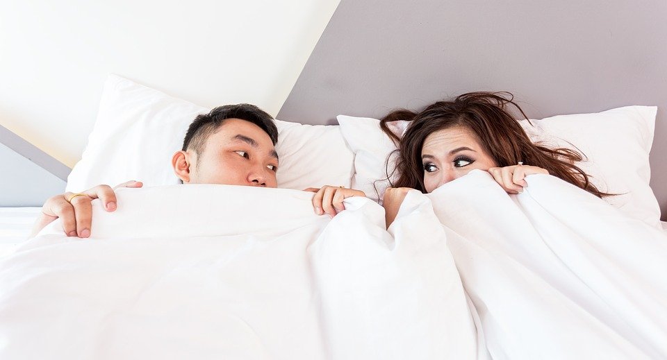 Bed, Sleeping, Couple, Covered, Cover, White, Two